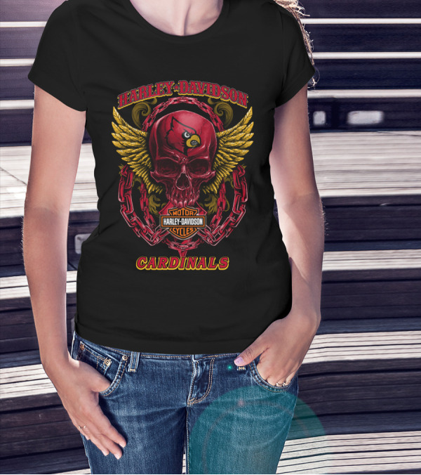 Harley Davidson Motor Cycles Cardinals Skull With Wings And Chains T-Shirt