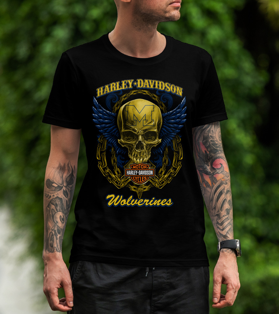 Harley Davidson Wolverines Michigan Motor Cycles Skull And Chain T-Shirt