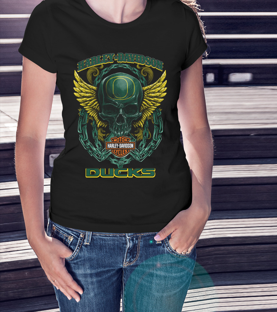 Harley Davidson Motorcycles Oregon Ducks Skull Wing T-Shirt
