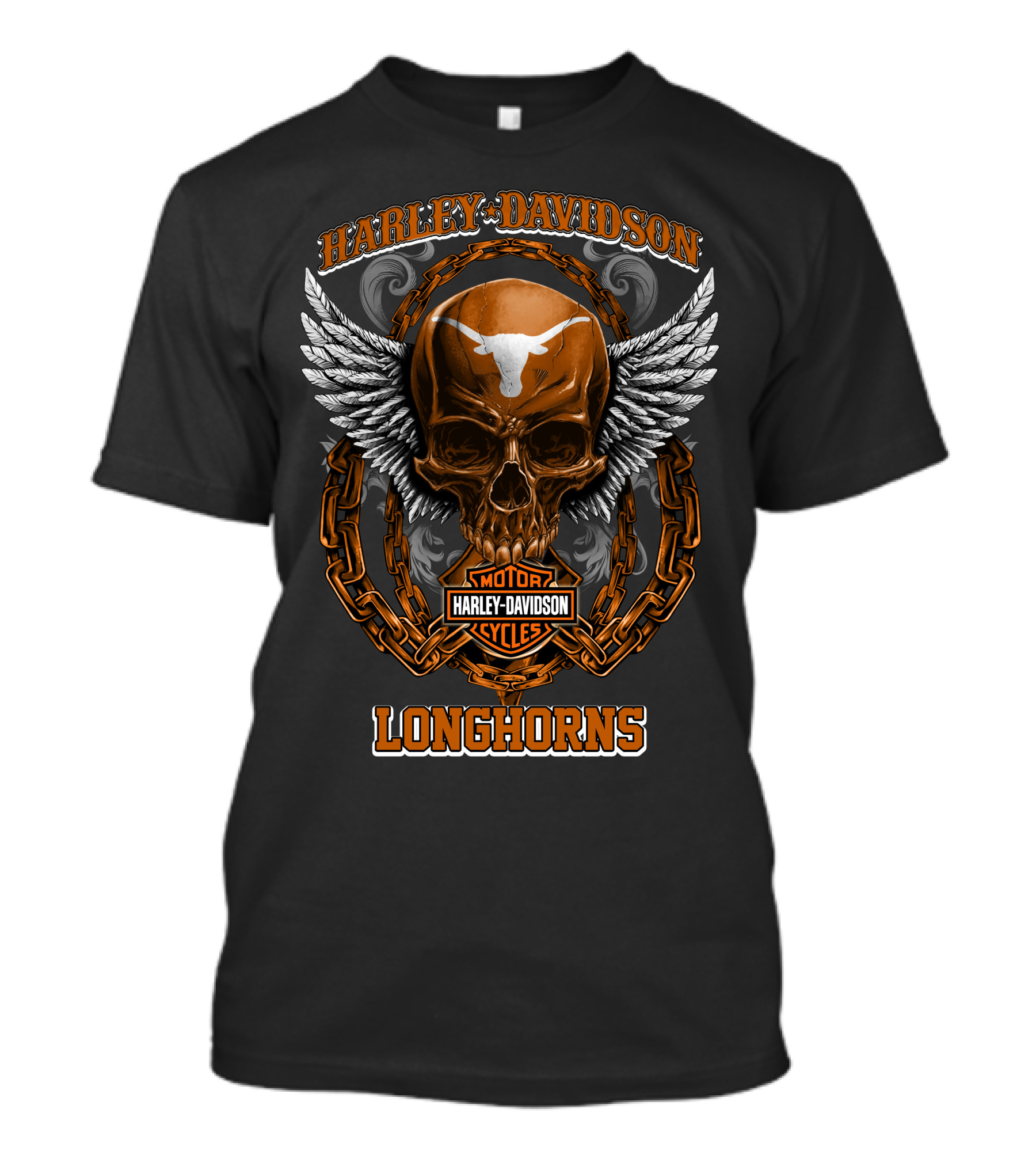 Harley Davidson Longhorns Motorcycles Skull And Wings T-Shirt