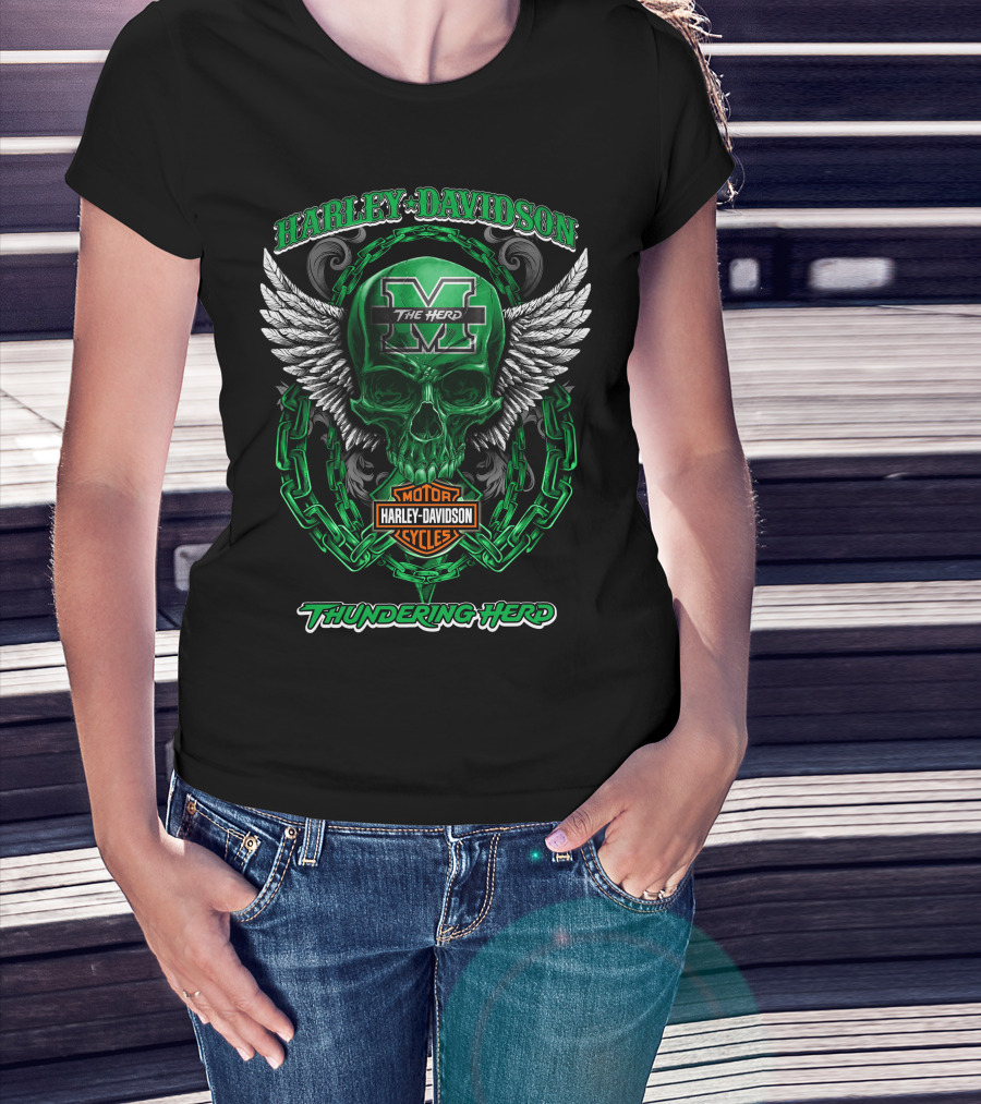Harley Davidson Marshall Thundering Herd The Herd Skull Wings Motor Cycles T-Shirt