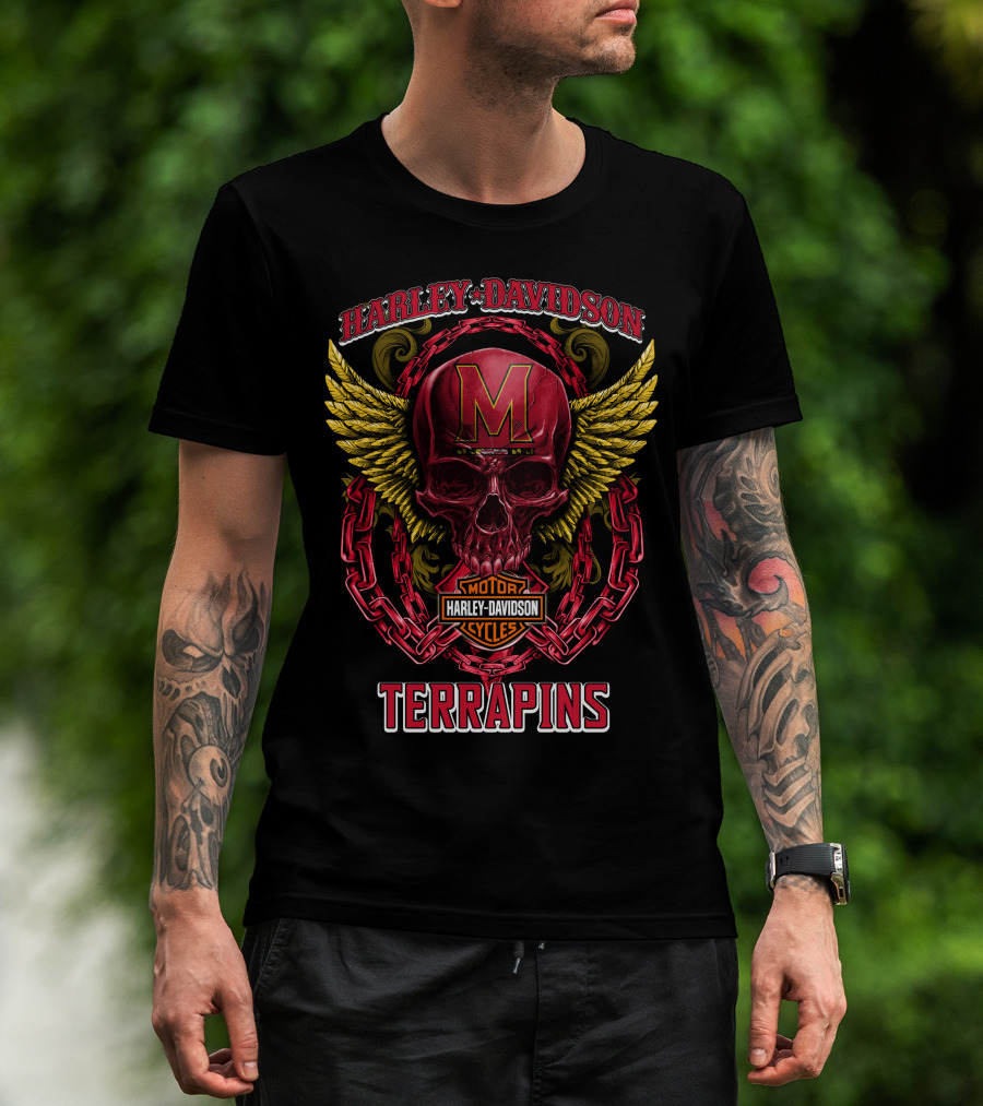 Harley Davidson Motorcycles Maryland Terrapins Skull Wings Chains T-Shirt