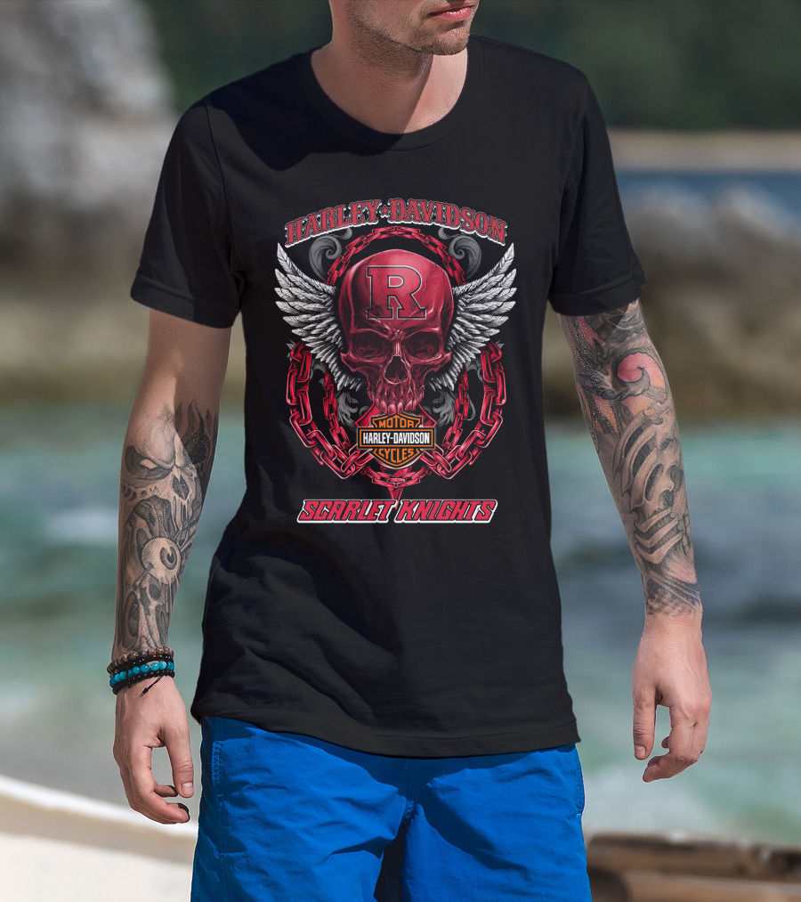 Harley Davidson Scarlet Knights Rutgers Motorcycles Skull Wings T-Shirt