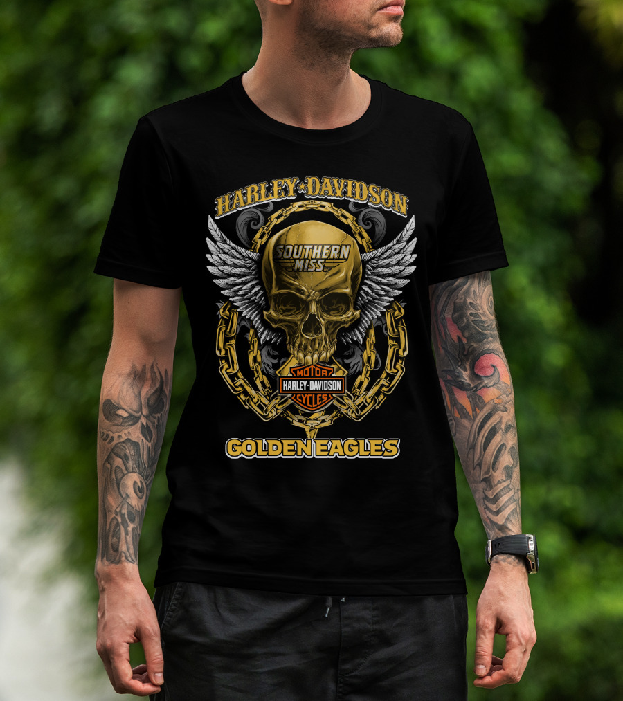 Harley Davidson Southern Miss Golden Eagles Motor Cycles Skull Wings Chains T-Shirt