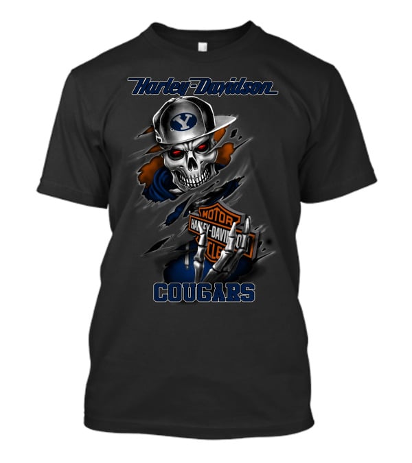 Harley Davidson Byu Cougars Skeleton With Motorcycle Logo And Cap T-Shirt
