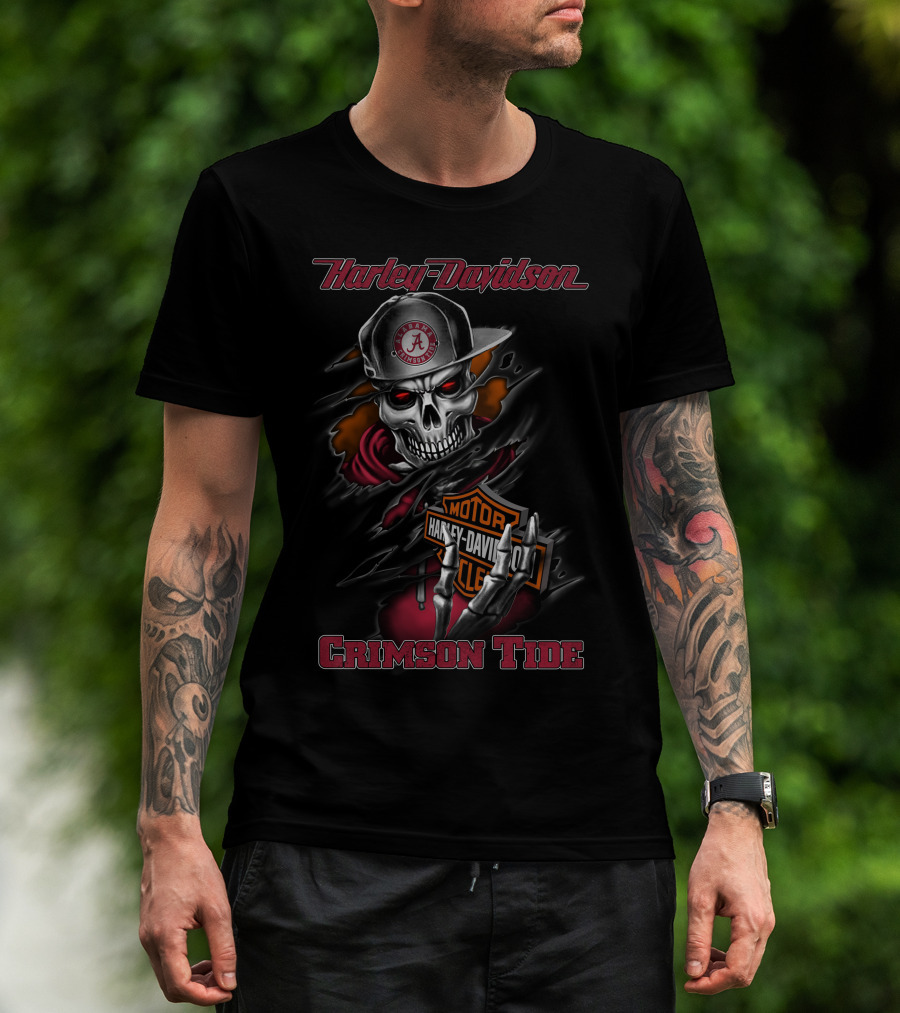 Harley Davidson Alabama Crimson Tide Skulled Rider With Cap And Hoodie T-Shirt