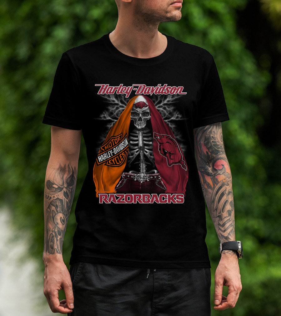 Harley Davidson Razorbacks Motorcycle Skeleton Lightning T-Shirt