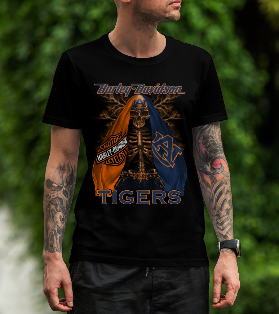 Harley Davidson Auburn Tigers Skeleton Dual Flag T-Shirt