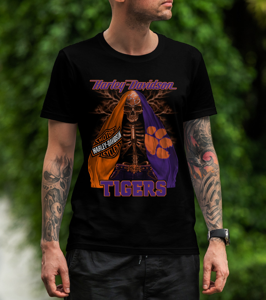 Harley Davidson Motorcycles Clemson Tigers Skull And Lightning T-Shirt