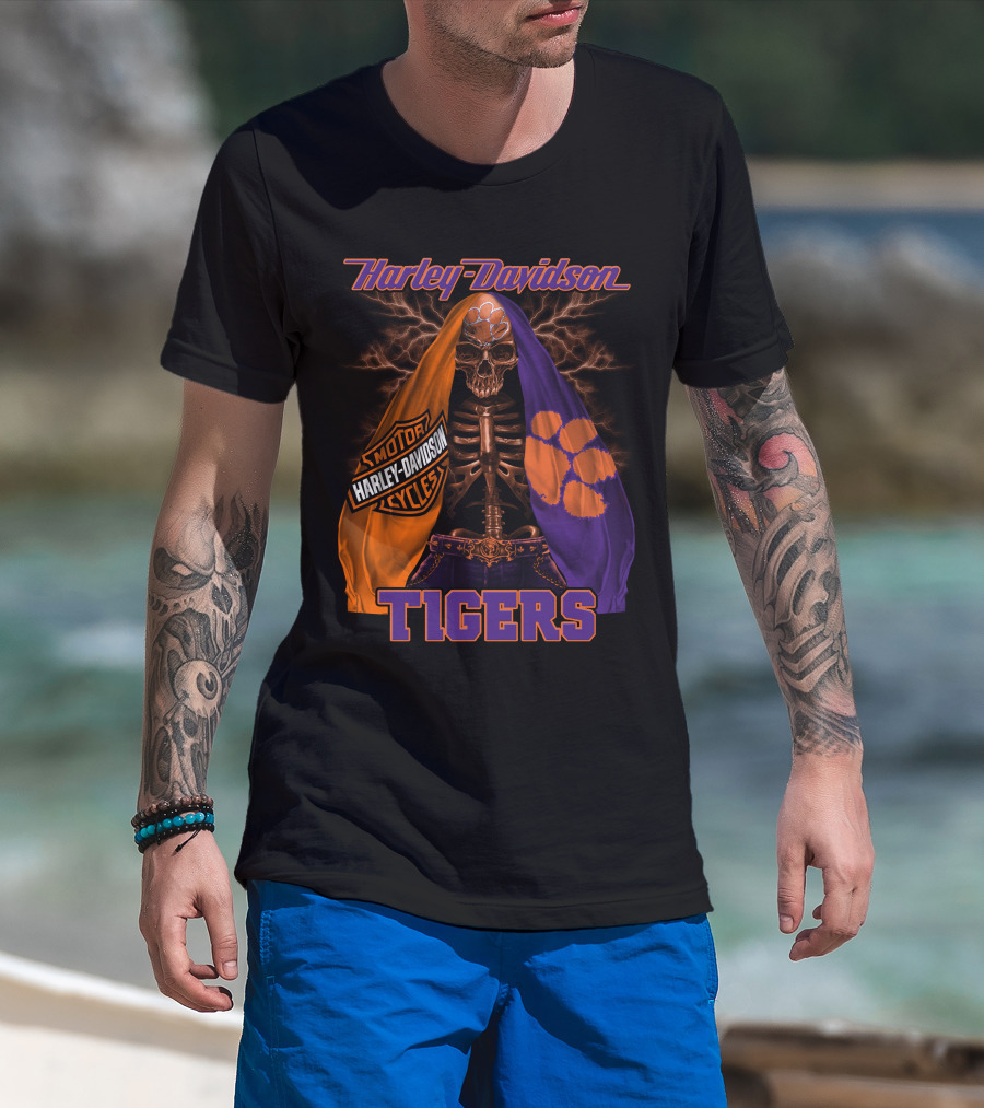 Harley Davidson Motorcycles Clemson Tigers Skull And Lightning T-Shirt