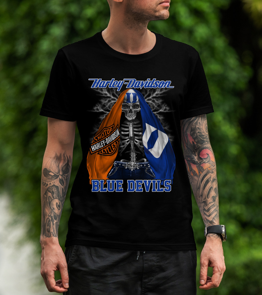 Harley Davidson Blue Devils Skeleton With Motor Cycles And Iconic Scarf T-Shirt