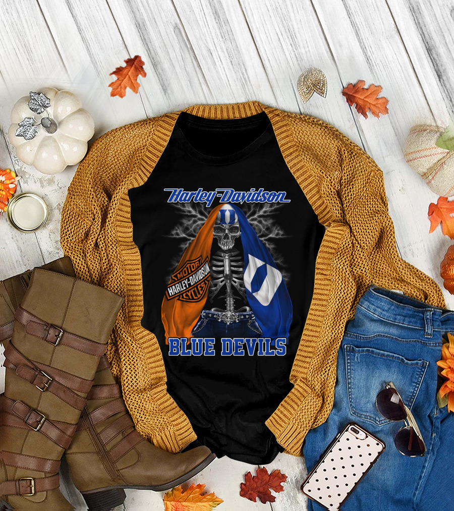 Harley Davidson Blue Devils Skeleton With Motor Cycles And Iconic Scarf T-Shirt