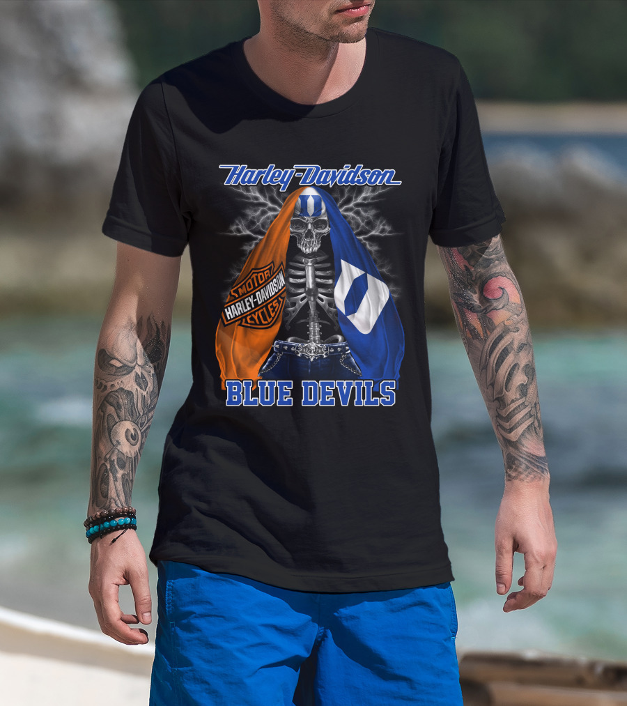 Harley Davidson Blue Devils Skeleton With Motor Cycles And Iconic Scarf T-Shirt