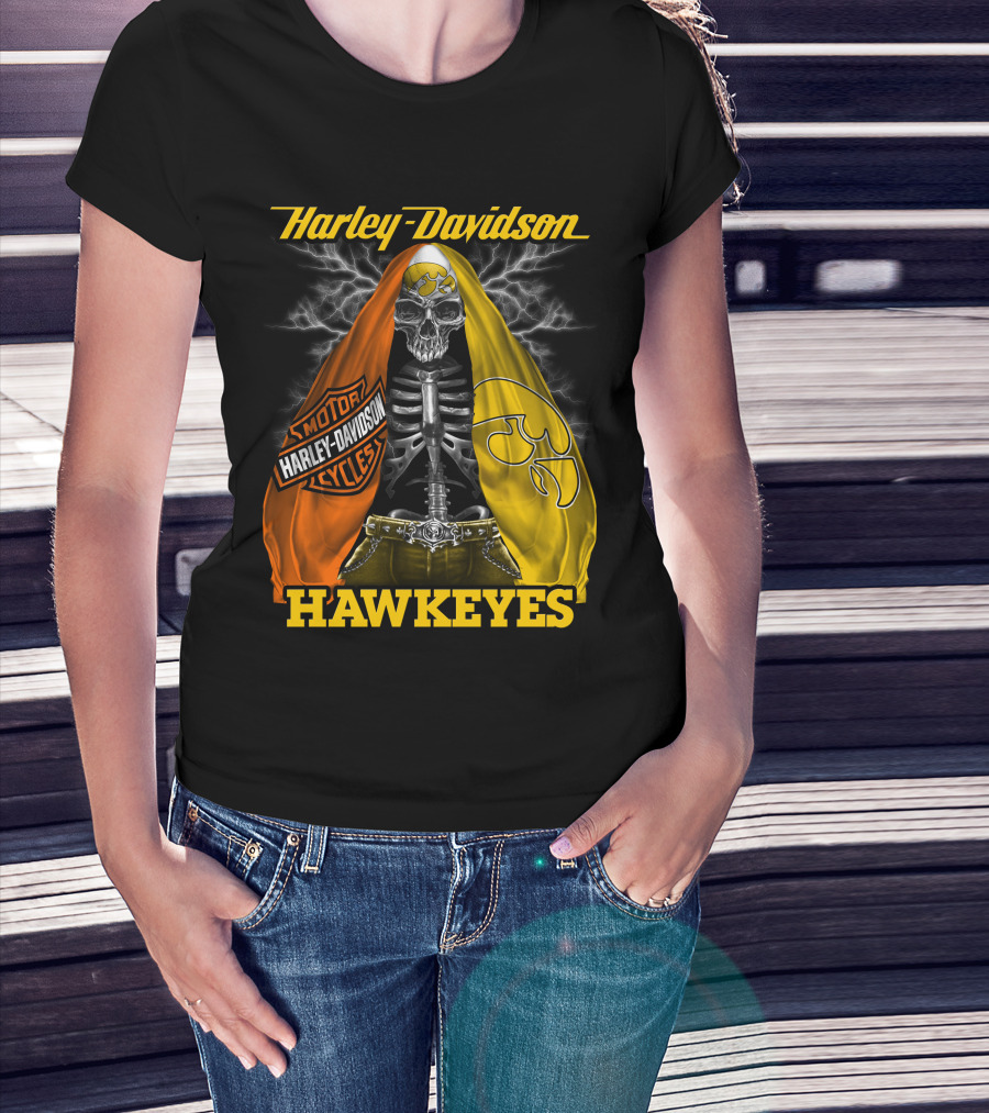 Harley Davidson Iowa Hawkeyes Skull Skeleton With Orange Yellow Flags And Hawkeyes T-Shirt