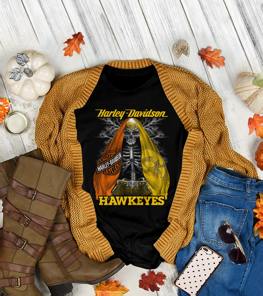 Harley Davidson Iowa Hawkeyes Skull Skeleton With Orange Yellow Flags And Hawkeyes T-Shirt