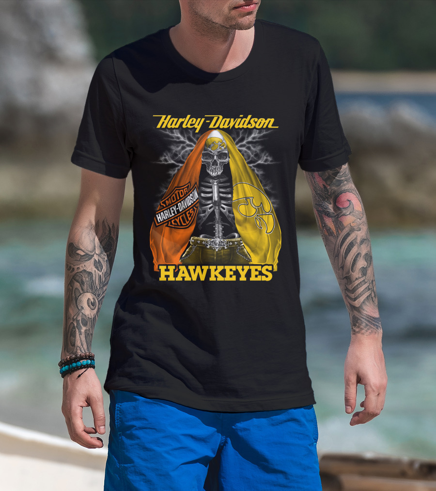 Harley Davidson Iowa Hawkeyes Skull Skeleton With Orange Yellow Flags And Hawkeyes T-Shirt