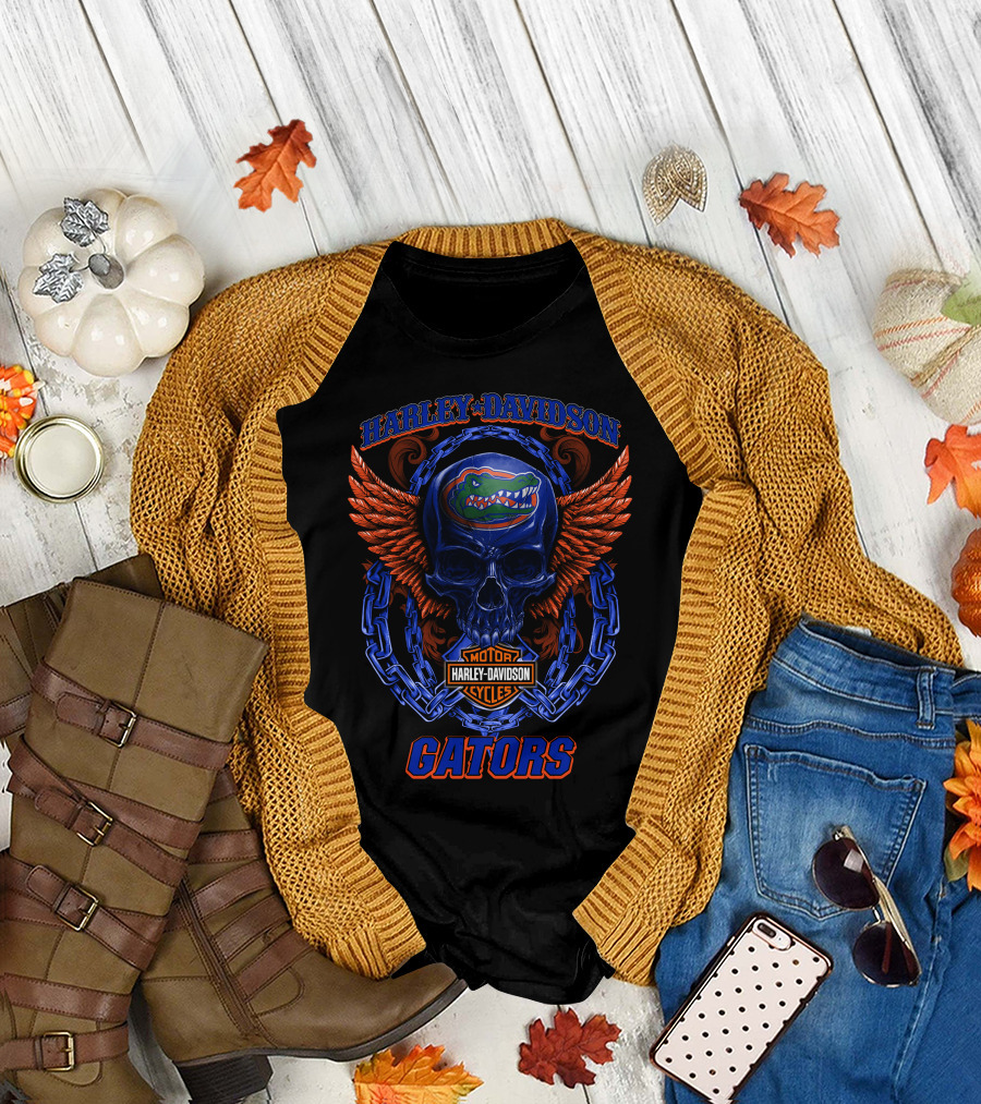 Harley Davidson Florida Gators Skull Wings Motorcycle Cycles T-Shirt