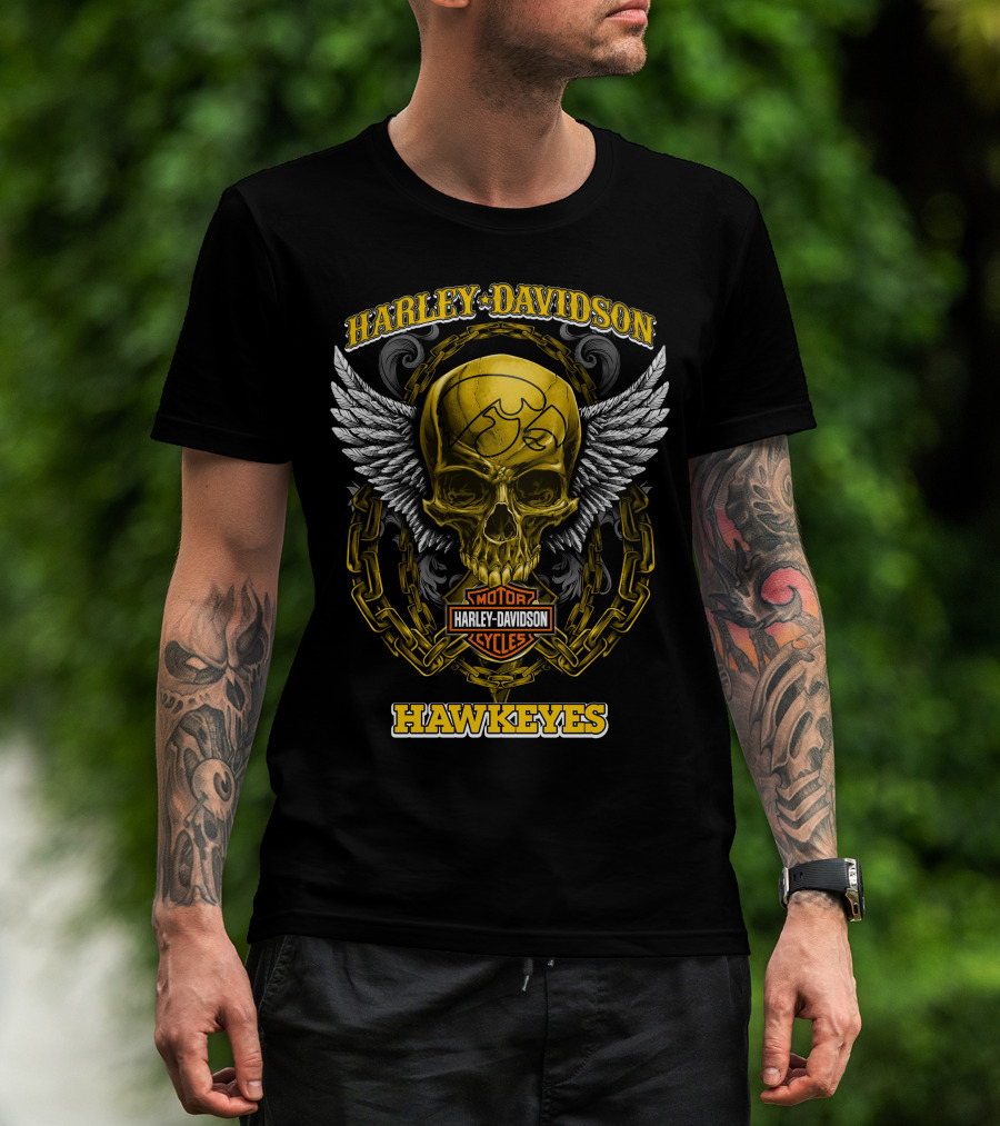 Harley Davidson Motor Cycles Hawkeyes Skull Wings T-Shirt