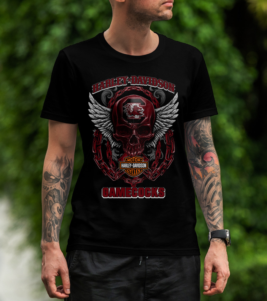 Harley Davidson South Carolina Gamecocks Skull Design With Wings And Chains T-Shirt