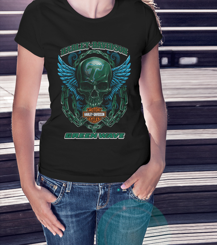Harley Davidson Motorcycles Tulane Green Wave Skull Wings T-Shirt