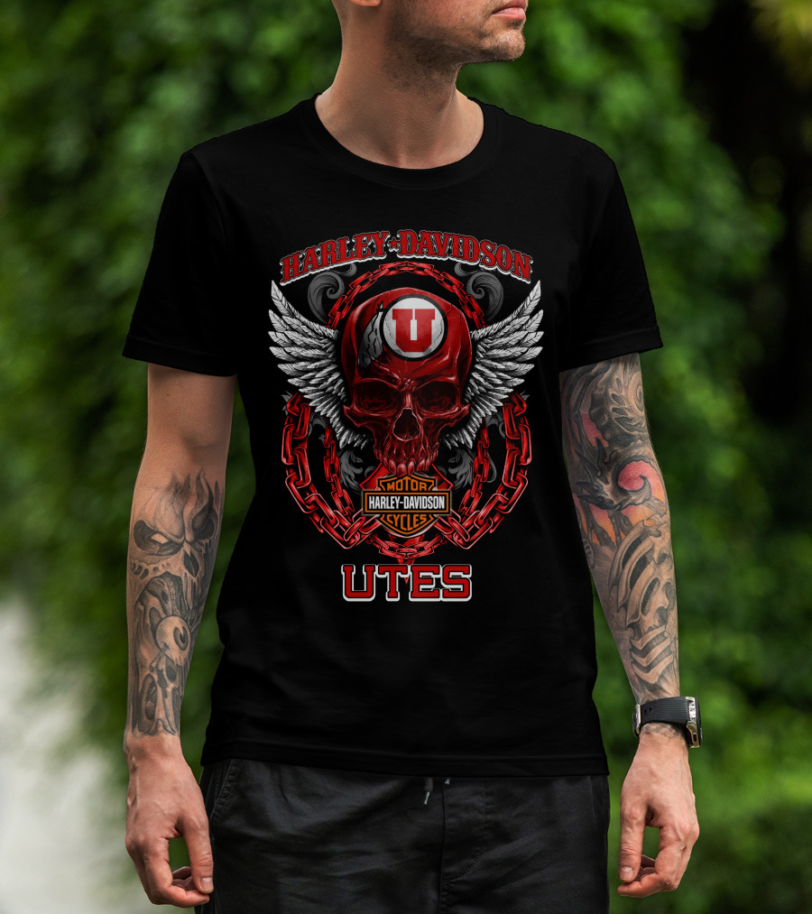 Harley Davidson Utah Utes Red Skull Wings Chains T-Shirt