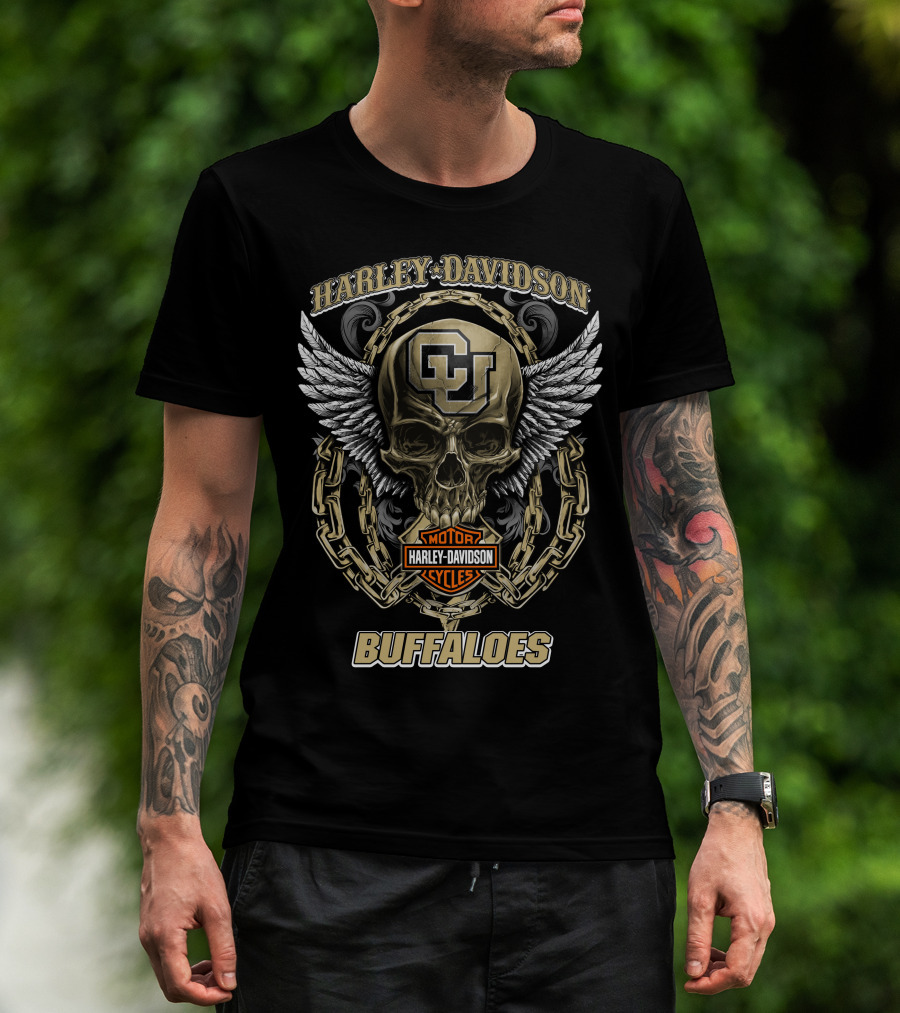 Harley Davidson Motor Cycles Colorado Buffaloes Skull Logo Chains Wings T-Shirt
