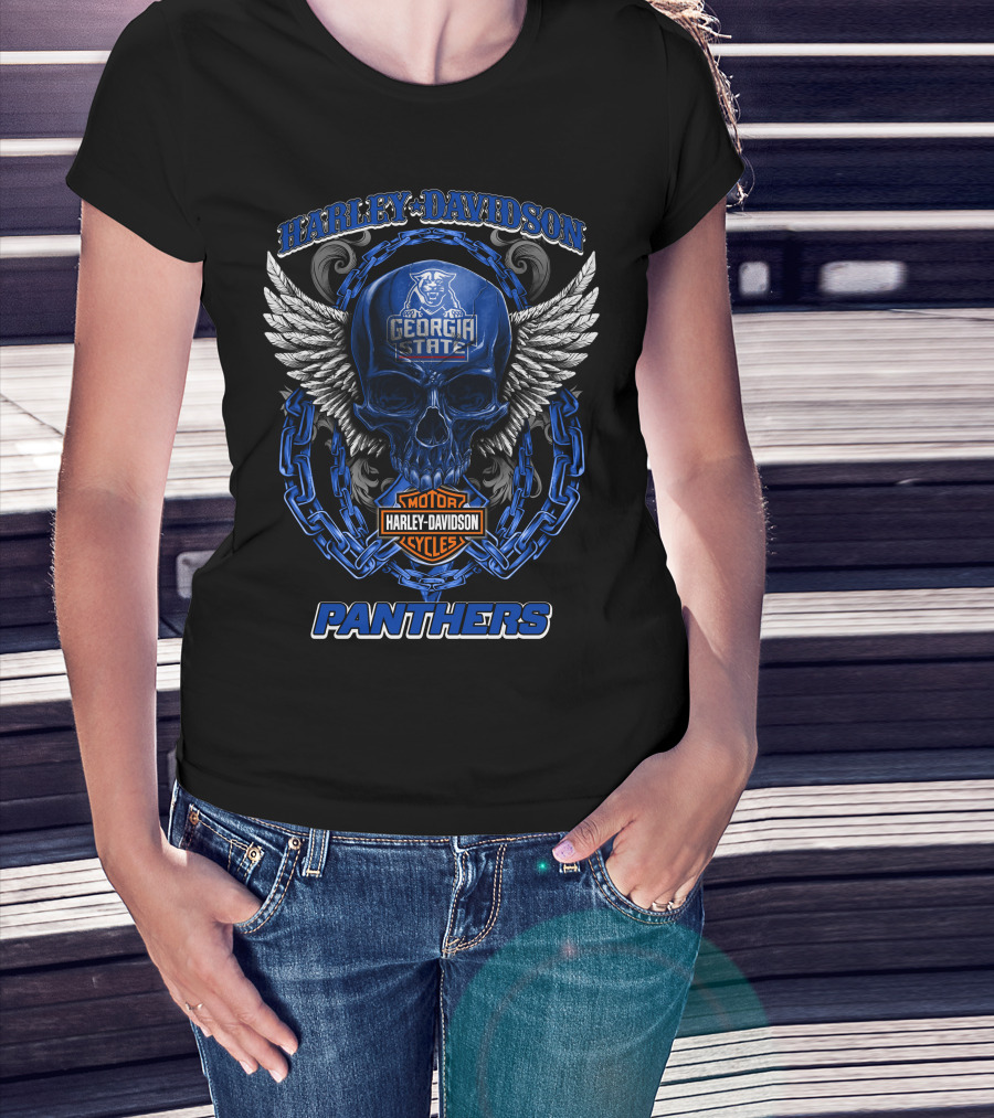 Harley Davidson Georgia State Panthers Skull Wings Chain Motorcycle Cycles T-Shirt