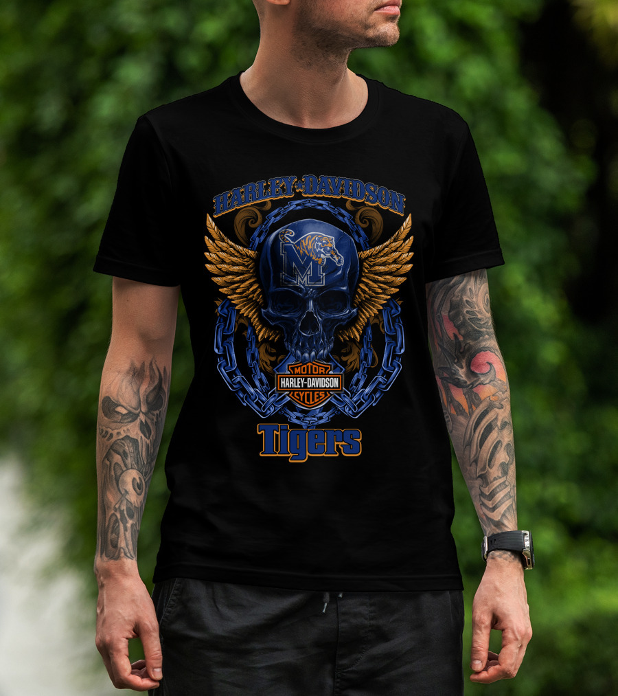 Harley Davidson Memphis Tigers Ncaa3 Skull Wings Chain T-Shirt