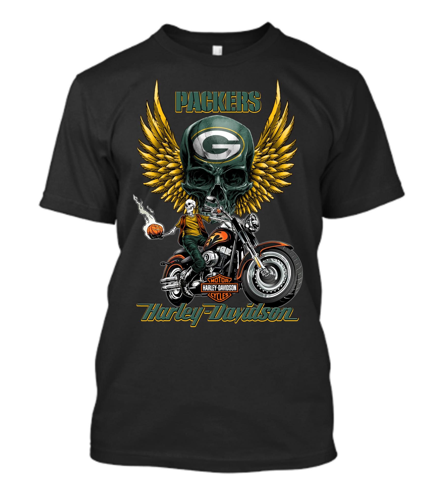 Packers Harley Davidson Motorcycles Green Bay Nfl Skull Winged T-Shirt
