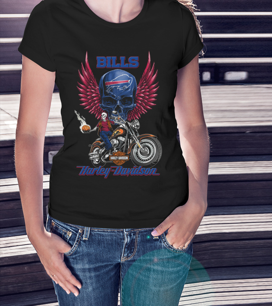Bills Harley Davidson Motorcycle Skull Wings Nfl Buffalo Riders T-Shirt