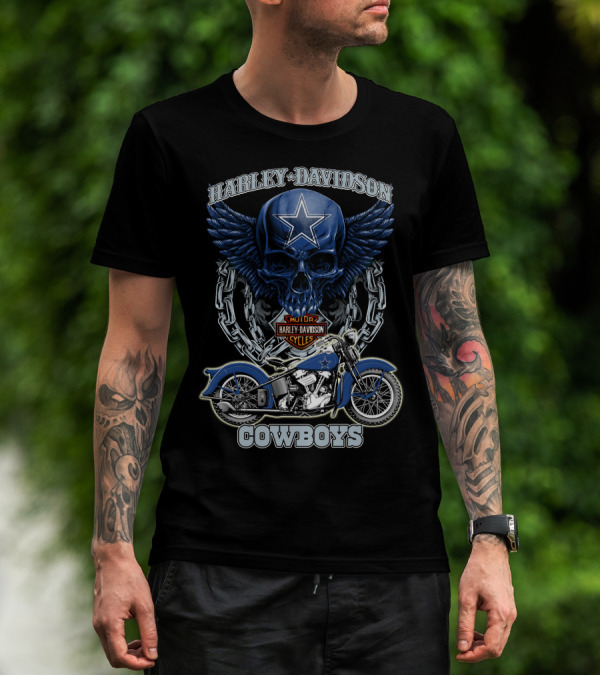 Harley Davidson Cowboys Nfl Dallas Cowboys Motorcycle Skull T-Shirt