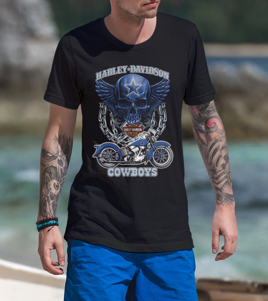 Harley Davidson Cowboys Nfl Dallas Cowboys Motorcycle Skull T-Shirt