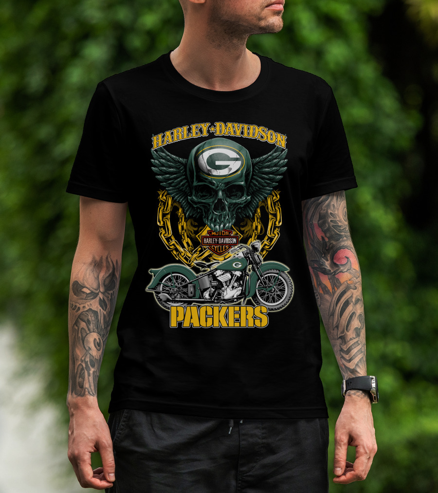 Harley Davidson Green Bay Packers Motorcycle Skull Nfl Packers T-Shirt