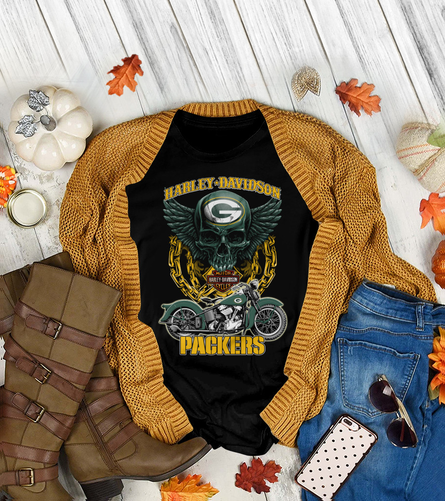 Harley Davidson Green Bay Packers Motorcycle Skull Nfl Packers T-Shirt