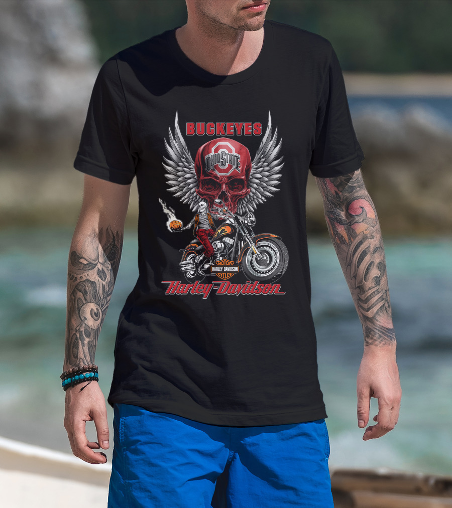 Buckeyes Ohio State Skull Harley Davidson Motor Cycles Wings Basketball T-Shirt