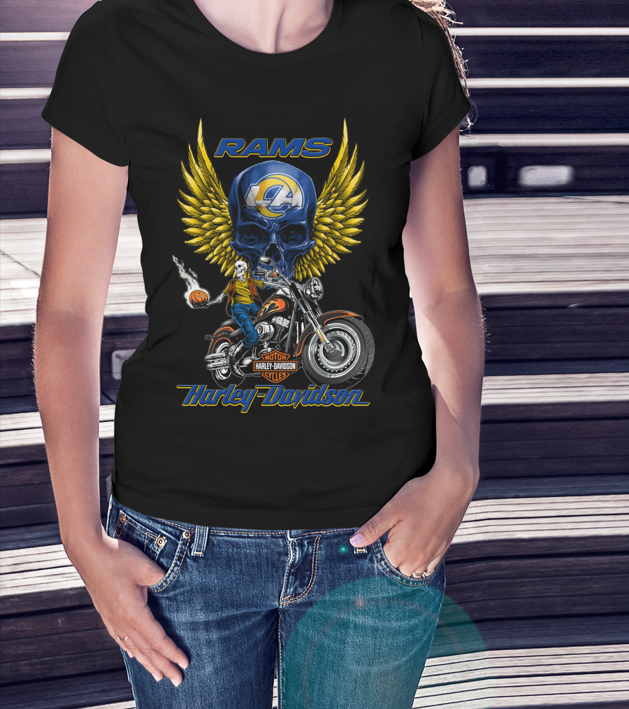 Harley Davidson Rams Skull With Los Angeles Nfl Motorcycle And Flaming Ball T-Shirt