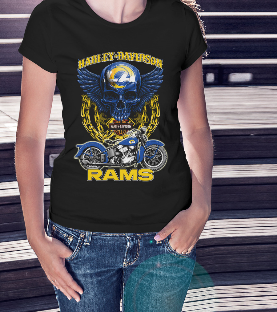 Harley Davidson Los Angeles Rams Nfl Motorcycle Skull T-Shirt
