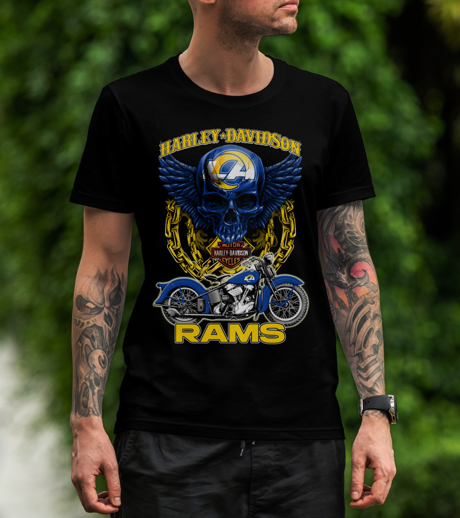 Harley Davidson Los Angeles Rams Nfl Motorcycle Skull T-Shirt