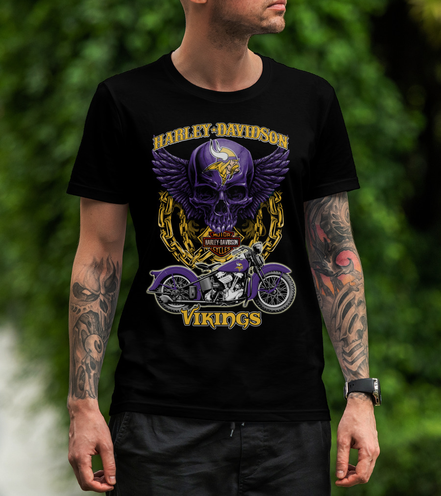Harley Davidson Minnesota Vikings Nfl Motorcycle Cycles Skull T-Shirt