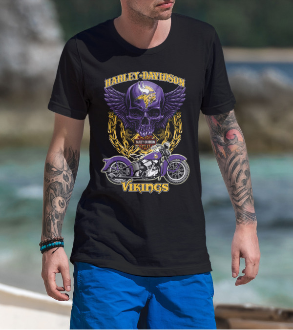 Harley Davidson Minnesota Vikings Nfl Motorcycle Cycles Skull T-Shirt