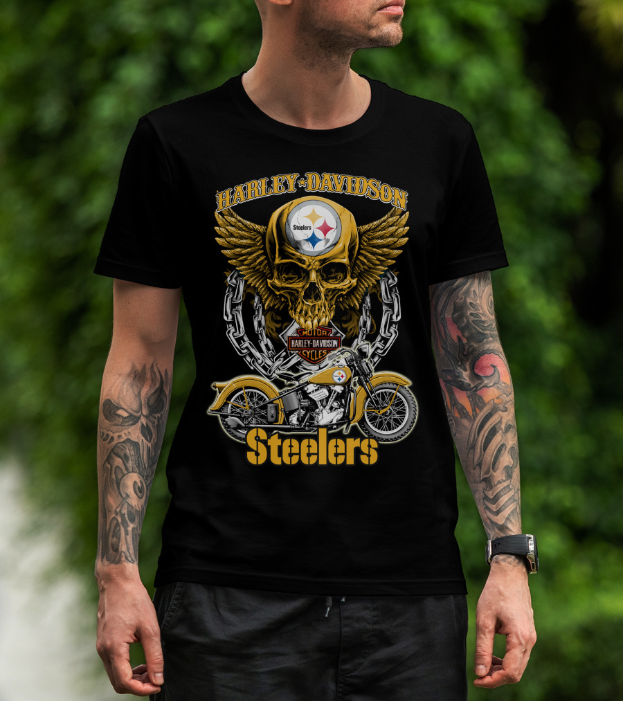 Pittsburgh Steelers Harley Davidson Winged Skull Motorcycle Nfl Hd18 T-Shirt