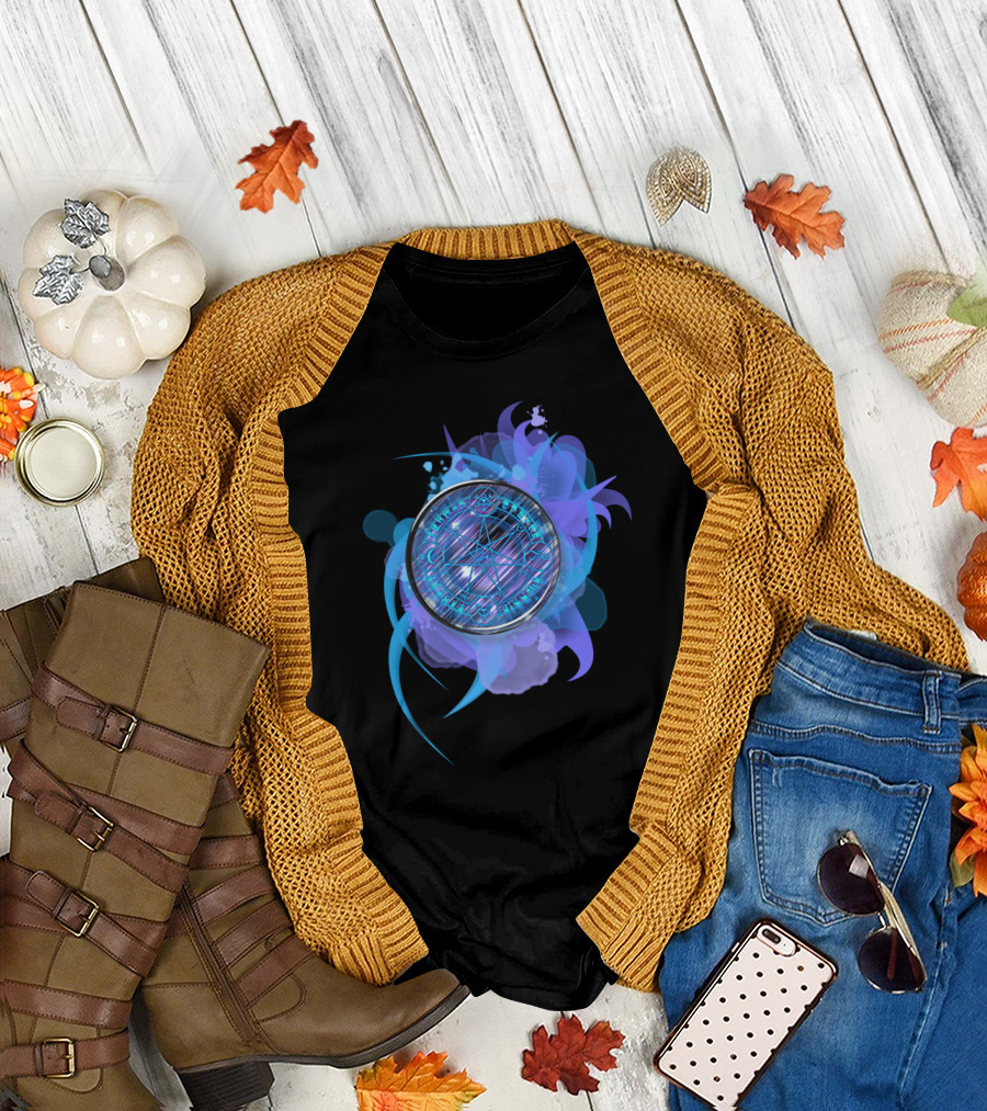 Mystic Arcane Circle with Blue Geometric Pattern and Symbols T-Shirt