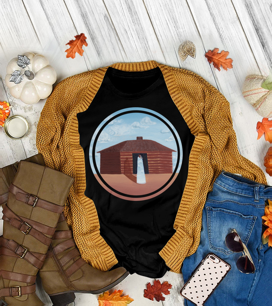 Cloud Bow Sky Log House with Bride in Doorway T-Shirt