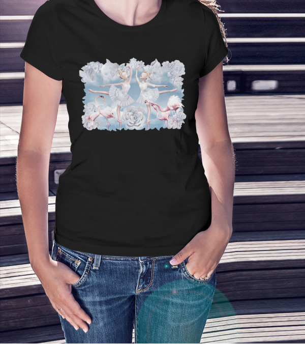 Delicate Flamingo Ballet With Graceful Ballerinas And Floral Elegance T-Shirt