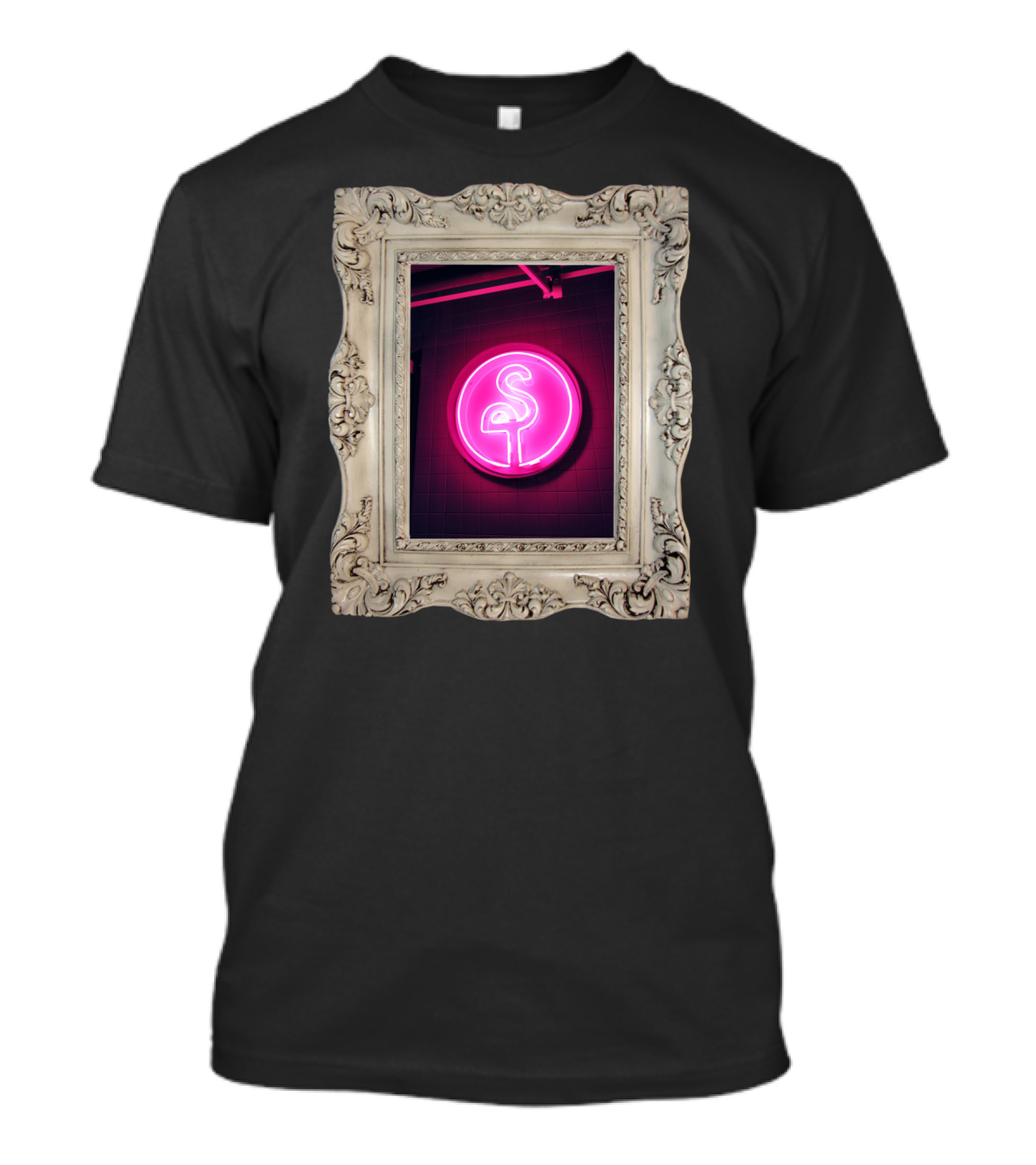 Neon Flamingo Wall Art In Ornate Vintage Frame T-Shirt