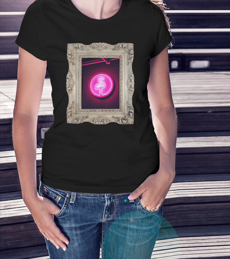 Neon Flamingo Wall Art In Ornate Vintage Frame T-Shirt