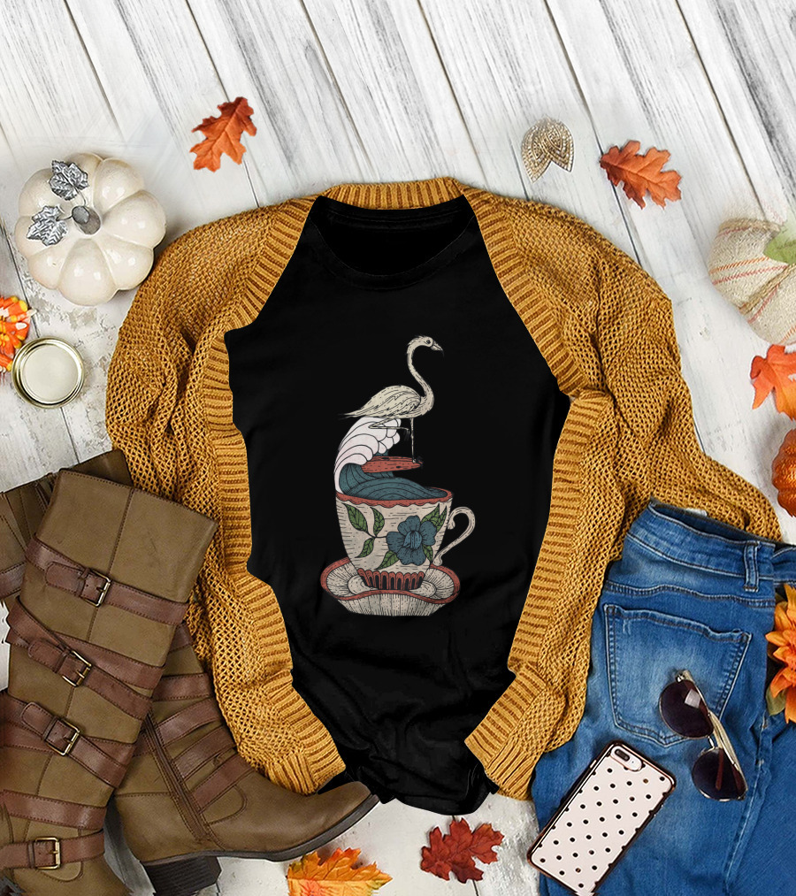 Flamingo on Floral Tea Cup Wave Adventure T-Shirt