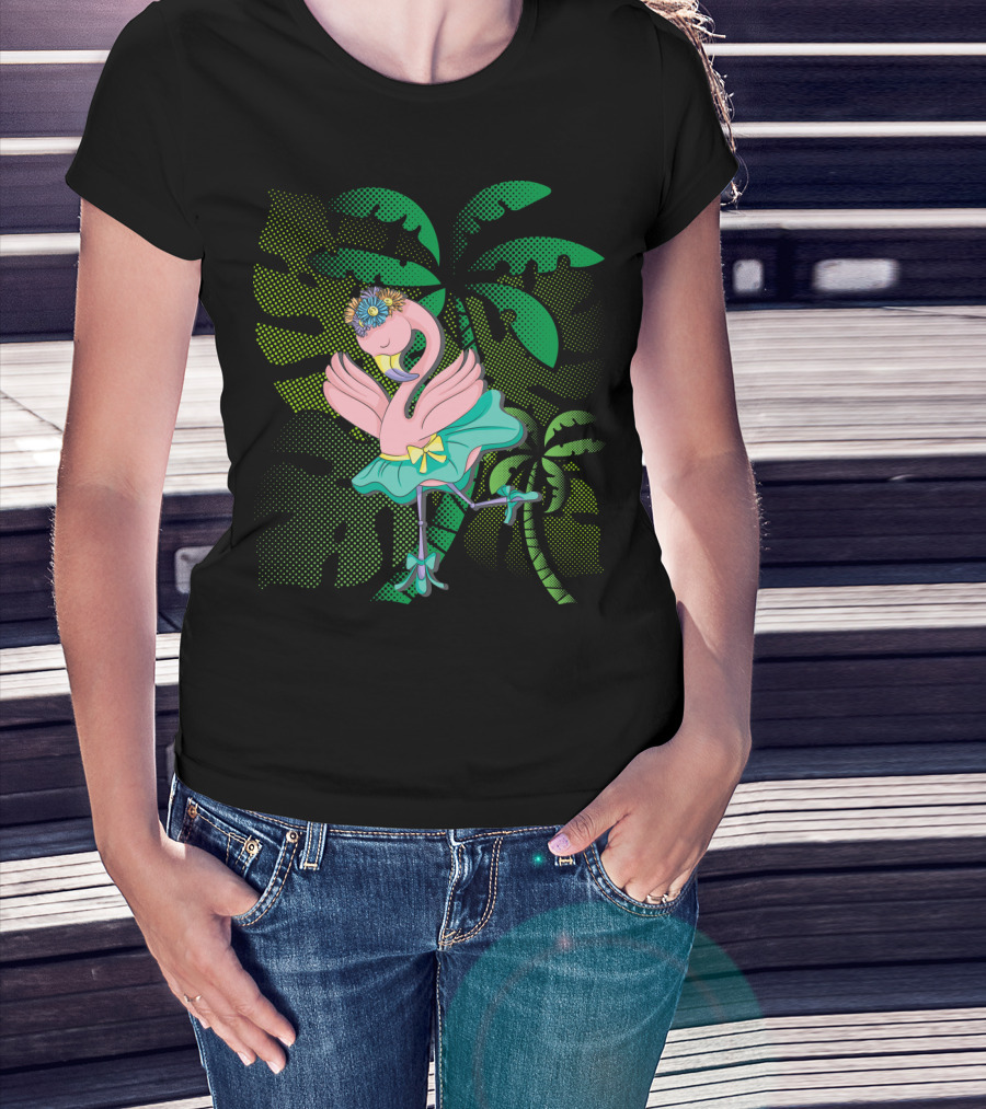 Flamingo Ballerina Tropical Ballet With Floral Headdress And Palm Leaves T-Shirt