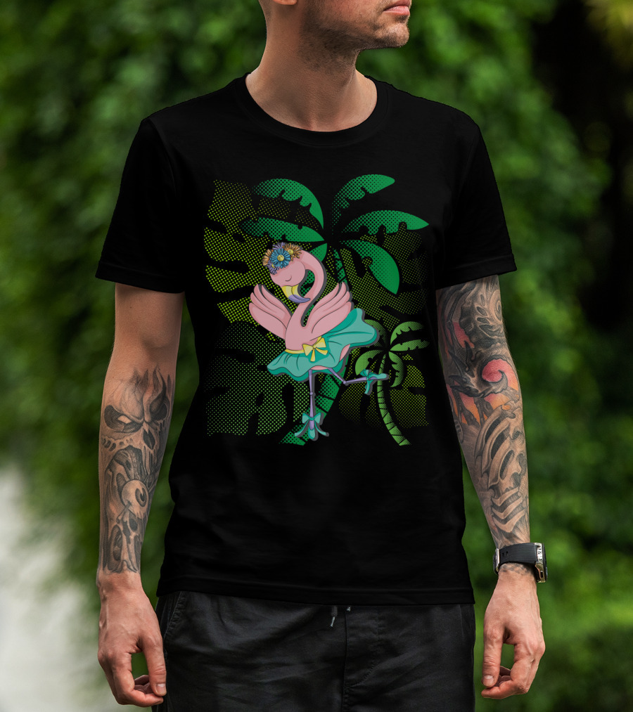 Flamingo Ballerina Tropical Ballet With Floral Headdress And Palm Leaves T-Shirt