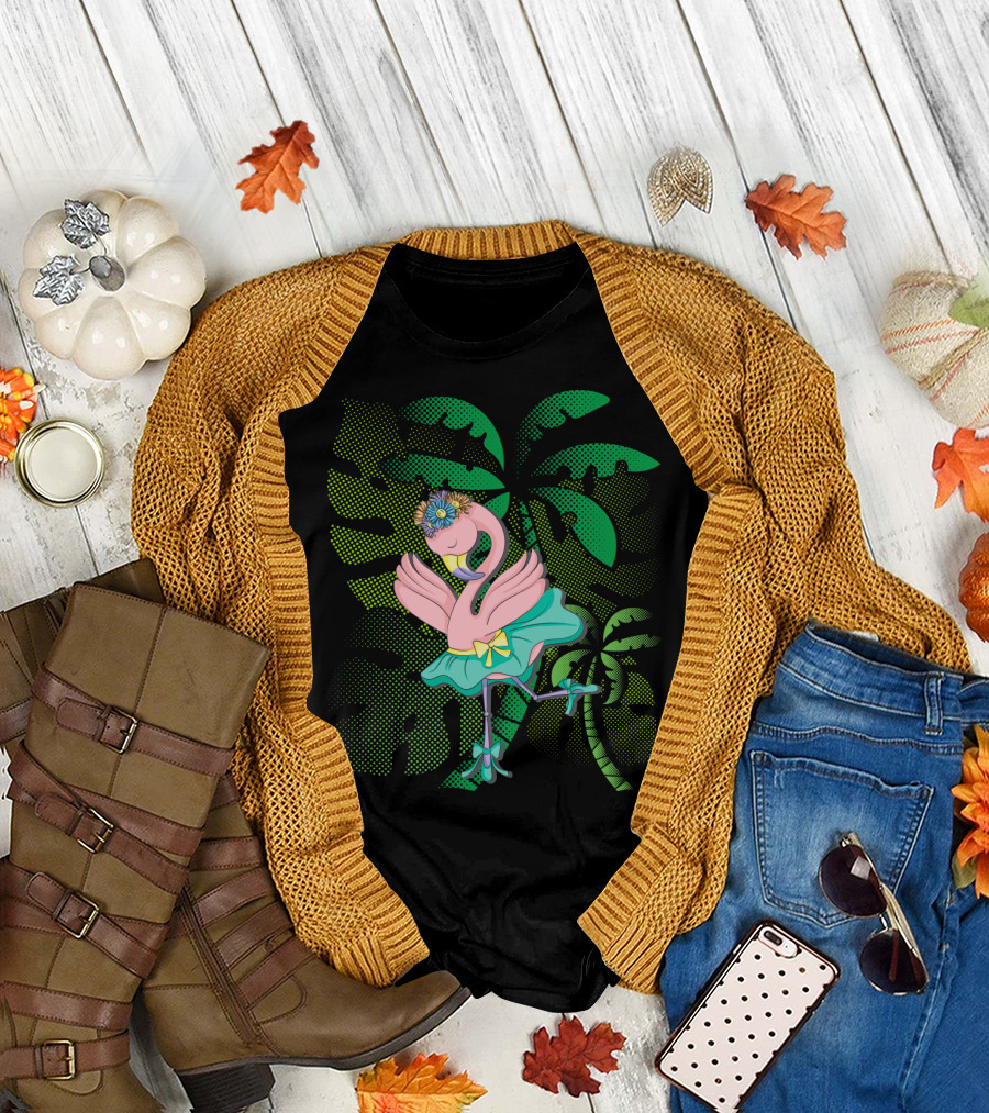 Flamingo Ballerina Tropical Ballet With Floral Headdress And Palm Leaves T-Shirt